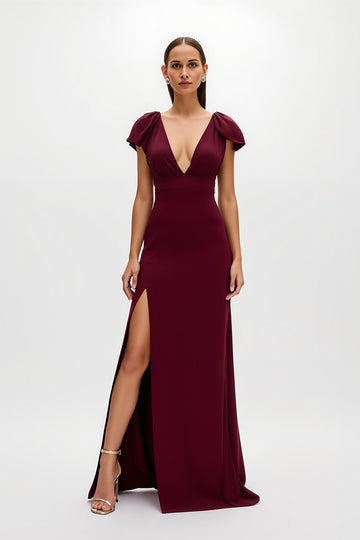 Burgundy Cap Sleeve V-Neck Holiday Dress With Slit
